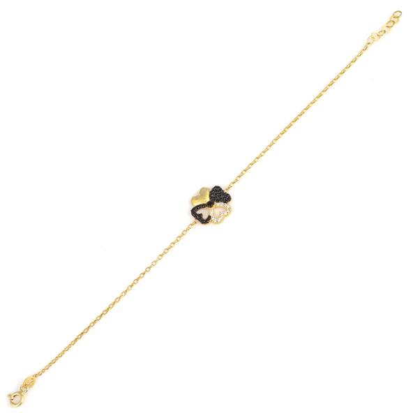 925 Ayar Gümüş Yonca Kalp Bileklik Beyaz - Beyaz Siyah Taş - Resim 3