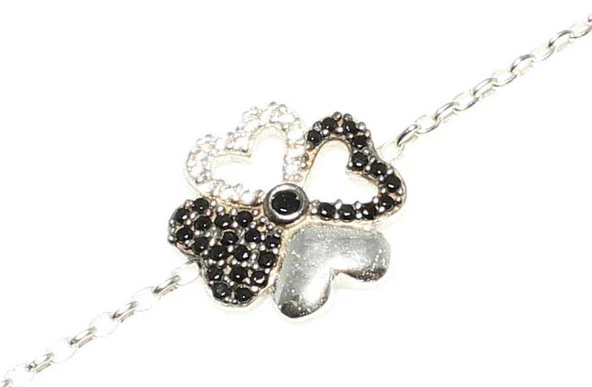 925 Ayar Gümüş Yonca Kalp Bileklik Beyaz - Beyaz Siyah Taş - Resim 7