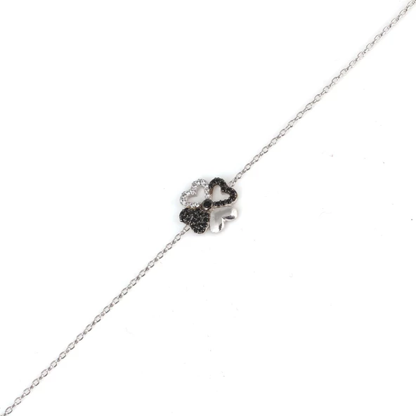 925 Ayar Gümüş Yonca Kalp Bileklik Beyaz - Beyaz Siyah Taş - Resim 2