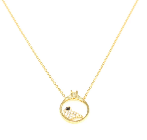 925 Ayar Gümüş Güvercinli Tektaş Kolye, Beyaz - Beyaz Taş - Resim 3