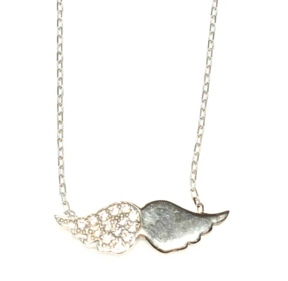 925 Ayar Gümüş Melek Kanadı Kolye, Pembe Siyah - Beyaz Taş - Resim 5