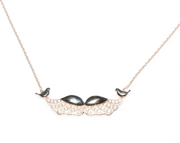 925 Ayar Gümüş Melek Kanadı ve Muhabbet Kuşu Kolye, Beyaz Siyah - Beyaz Taş - Resim 4