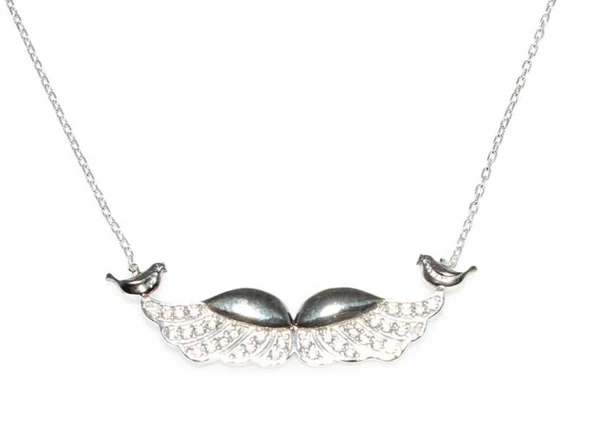 925 Ayar Gümüş Melek Kanadı ve Muhabbet Kuşu Kolye, Beyaz Siyah - Beyaz Taş - Resim 3