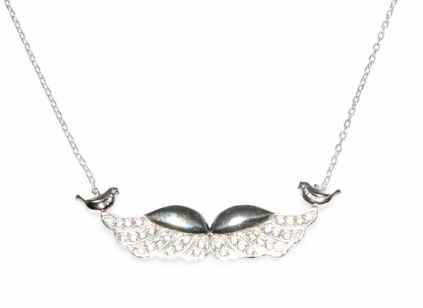 925 Ayar Gümüş Melek Kanadı ve Muhabbet Kuşu Kolye, Beyaz Siyah - Beyaz Taş - Resim 5