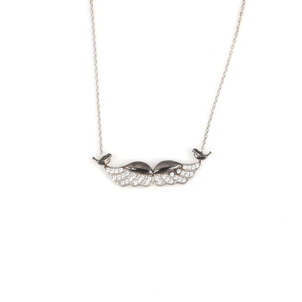 925 Ayar Gümüş Melek Kanadı ve Muhabbet Kuşu Kolye, Beyaz Siyah - Beyaz Taş - Resim 2