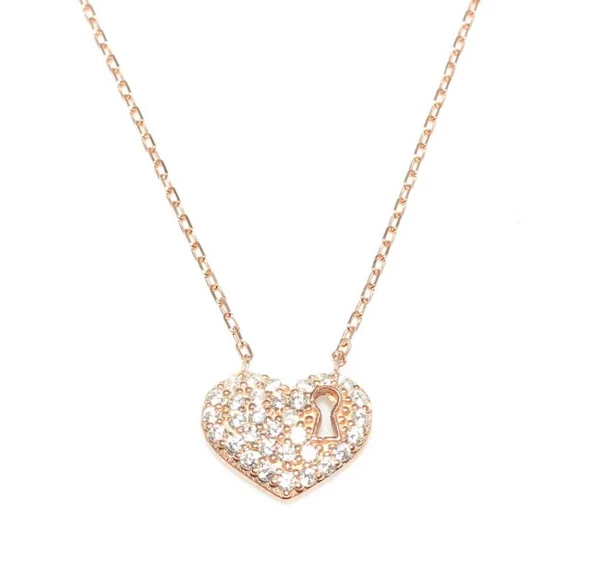 925 Ayar Gümüş Kalp Anahtar Deliği Kolye, Beyaz Taş - Resim 2