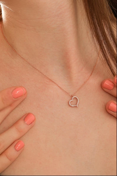 925 Ayar Gümüş Kalpli Model Kolye, Beyaz Taş - Resim 7