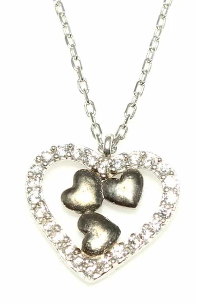 925 Ayar Gümüş Kalp Modeli Kolye, Beyaz Siyah - Beyaz Taş - Resim 2