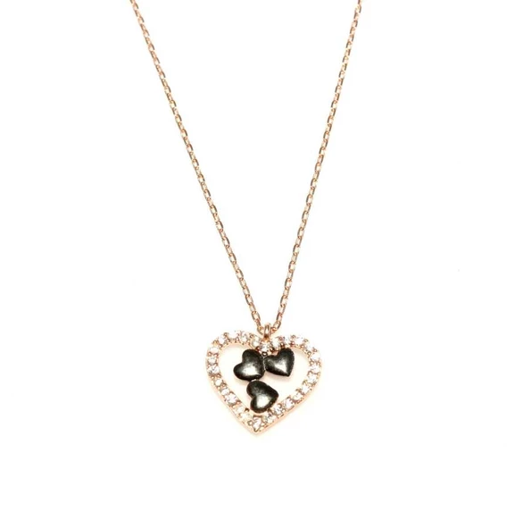 925 Ayar Gümüş Kalp Modeli Kolye, Beyaz Siyah - Beyaz Taş - Resim 4