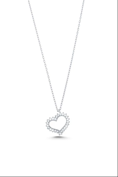 925 Ayar Gümüş Kalpli Model Kolye, Beyaz Taş - Resim 6