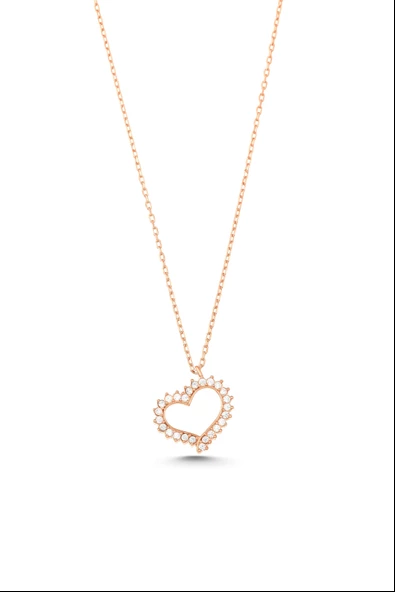 925 Ayar Gümüş Kalpli Model Kolye, Beyaz Taş - Resim 5