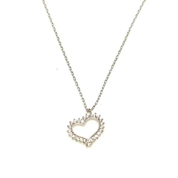 925 Ayar Gümüş Kalpli Model Kolye, Beyaz Taş - Resim 4