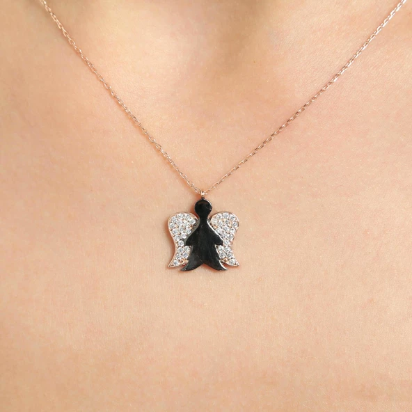 925 Ayar Gümüş Melekli Kolye, Beyaz Taş ürün görseli