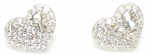 925 Ayar Gümüş Kalp Anahtar Deliği Modeli Küpe, Beyaz - Resim 2