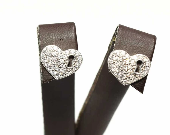 925 Ayar Gümüş Kalp Anahtar Deliği Modeli Küpe, Beyaz - Resim 5