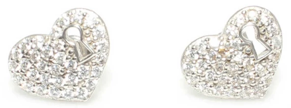 925 Ayar Gümüş Kalp Anahtar Deliği Modeli Küpe, Beyaz - Resim 3