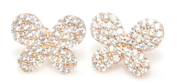 925 Ayar Gümüş Kelebek Küpe, Beyaz - Beyaz Taş - Resim 5