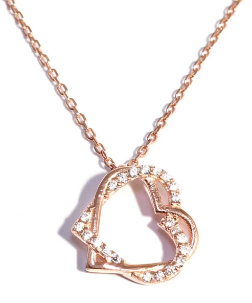 925 Ayar Gümüş İç içe Kalp Kolye, Beyaz - Beyaz Taş - Resim 3