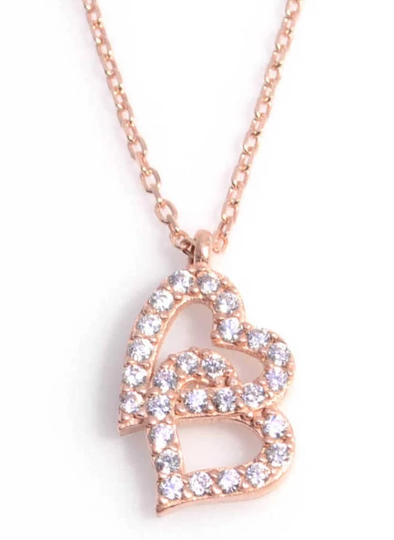 925 Ayar Gümüş Çift Kalp Kolye, Beyaz - Beyaz Taş - Resim 5