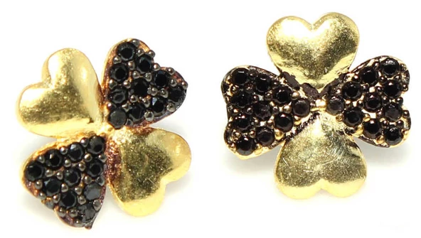 925 Ayar Gümüş Yonca Kalp Küpe, Pembe - Siyah Taş - Resim 4