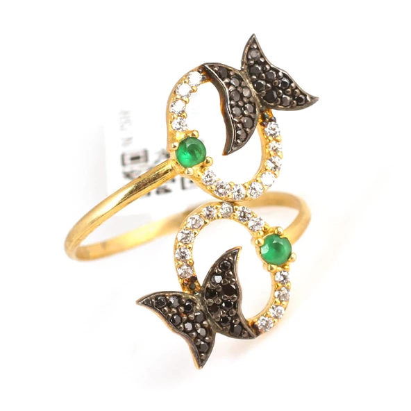 925 Ayar Gümüş Çemberli Kelebek Yüzük, Sarı - Resim 3