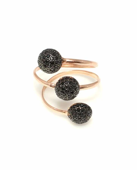 925 Ayar Gümüş Yarım Toplu 3 Sıra Yüzük, Pembe - Siyah Taş ürün görseli 1