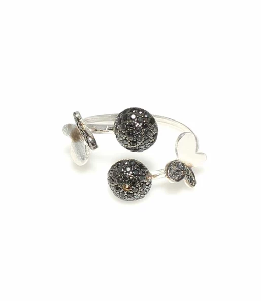 925 Ayar Gümüş Yarım Yuvarlak ve Kelebek Yüzük, Beyaz ürün görseli 1