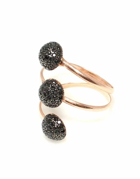 925 Ayar Gümüş Yarım Toplu 3 Sıra Yüzük, Pembe - Siyah Taş - Resim 2