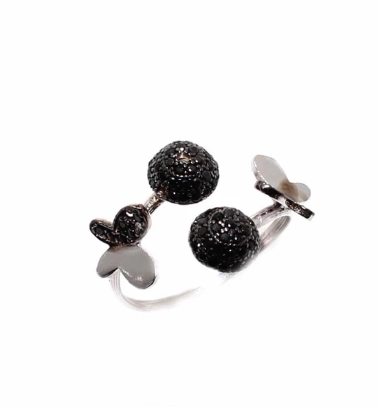 925 Ayar Gümüş Yarım Yuvarlak ve Kelebek Yüzük, Beyaz - Resim 3