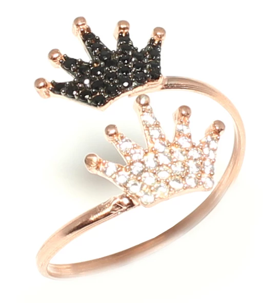 925 Ayar Rose Gümüş Taç Yüzük, Siyah, Beyaz Taş - Resim 4