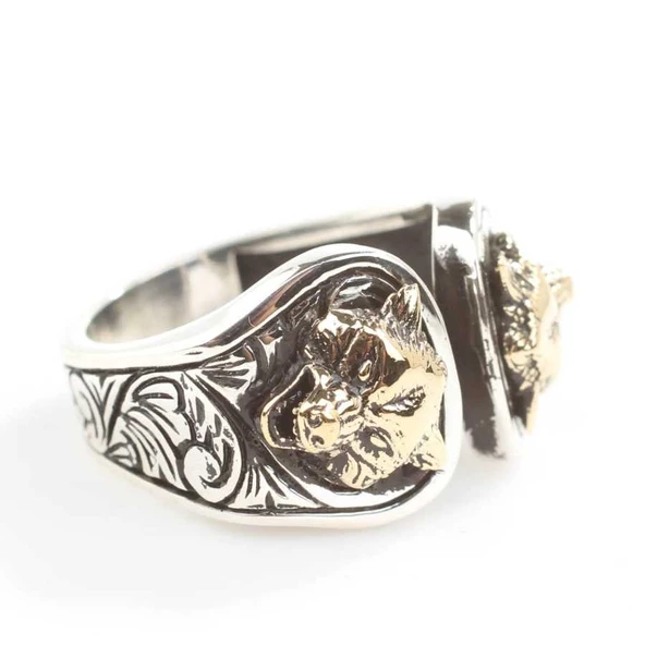 925 Ayar Gümüş Bozkurt Başı Erkek Yüzük - Resim 4