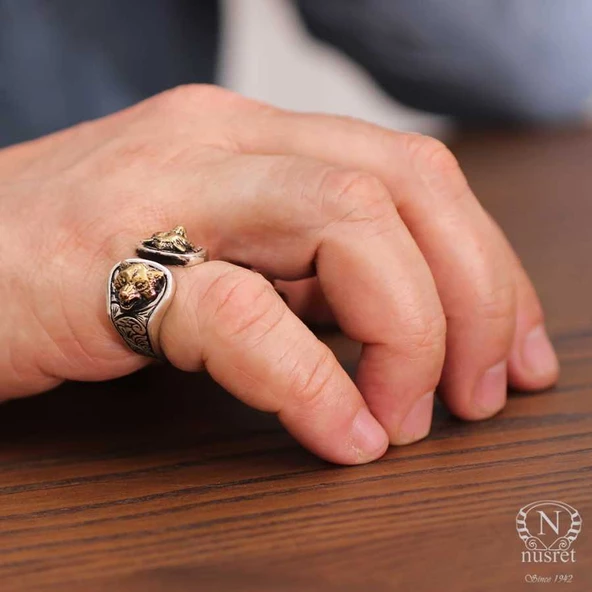 925 Ayar Gümüş Bozkurt Başı Erkek Yüzük - Resim 7