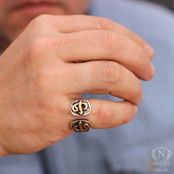 925 Ayar Gümüş Elif Vav Harfli Erkek Yüzük ürün görseli 1