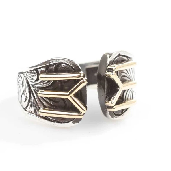 925 Ayar Gümüş Kayı Obası Sembolü Erkek Yüzük - Resim 2