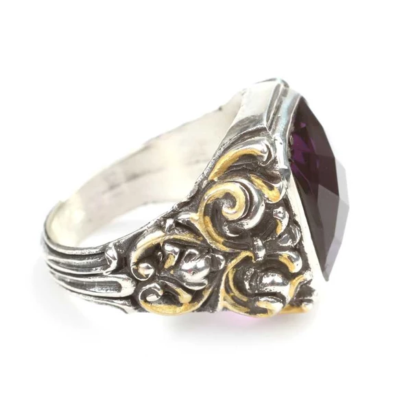 925 Ayar Gümüş Kare Ametist Taşlı Erkek Yüzüğü - Resim 6