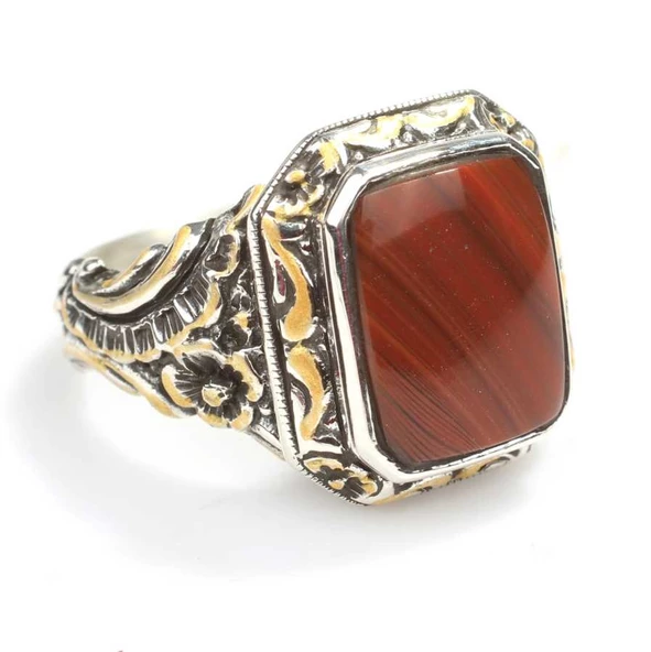 925 Ayar Gümüş Dikdörtgen Damarlı Akik Taşlı Sütun Başı Kalemkar Erkek Yüzüğü - 2