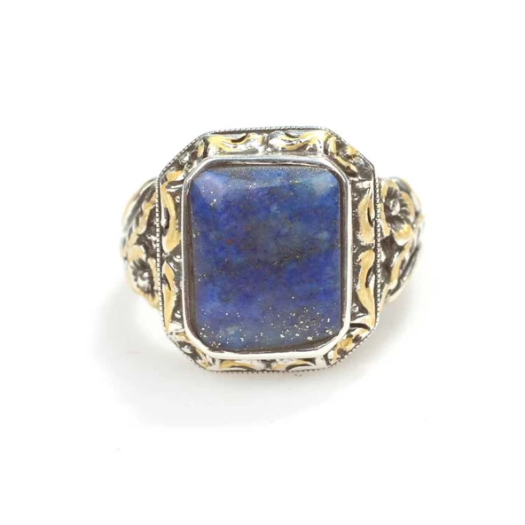 925 Ayar Gümüş Dikdörtgen Lapis Taşlı Sütun Başı Kalemkar Erkek Yüzüğü - 4