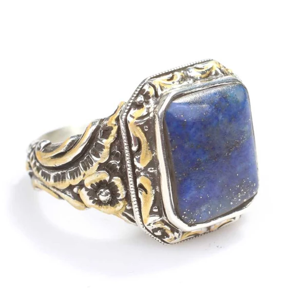 925 Ayar Gümüş Dikdörtgen Lapis Taşlı Sütun Başı Kalemkar Erkek Yüzüğü - 2