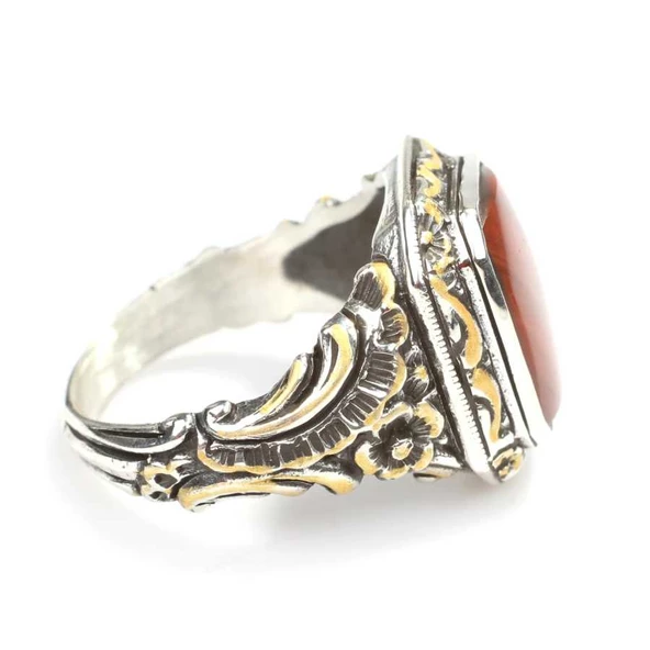 925 Ayar Gümüş Dikdörtgen Damarlı Akik Taşlı Sütun Başı Kalemkar Erkek Yüzüğü - 3