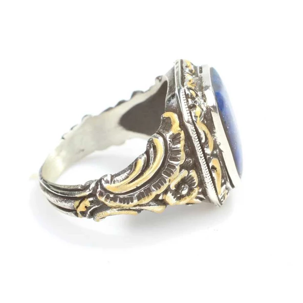 925 Ayar Gümüş Dikdörtgen Lapis Taşlı Sütun Başı Kalemkar Erkek Yüzüğü - 3