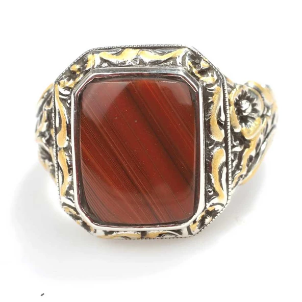 925 Ayar Gümüş Dikdörtgen Damarlı Akik Taşlı Sütun Başı Kalemkar Erkek Yüzüğü - 4