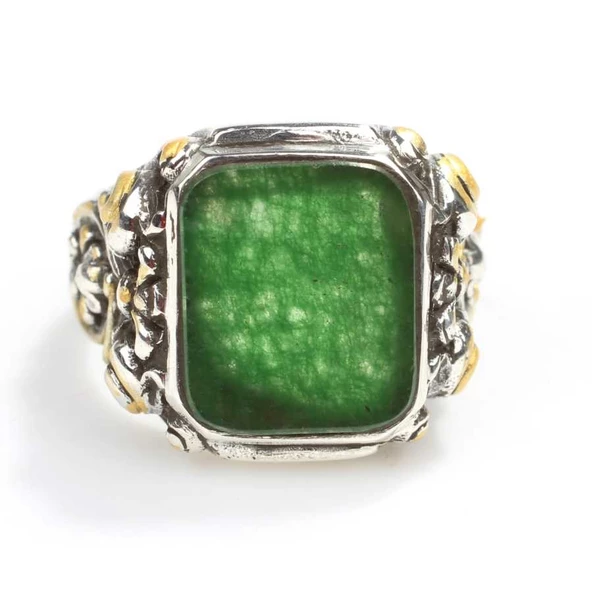 925 Ayar Gümüş Dikdörtgen Yeşil Zümrüt Taşlı Sütun Başı Kalemkar Erkek Yüzüğü - 4