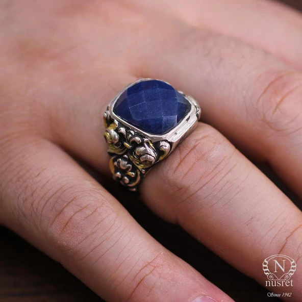 925 Ayar Gümüş Dikdörtgen Fasetli Safir Taşlı Sütun Başı Kalemkar Erkek Yüzüğü - 5