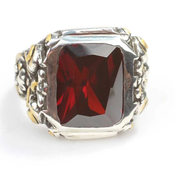 925 Ayar Gümüş Dikdörtgen Fasetli Kırmızı Yakut Taşlı Sütun Başı Kalemkar Erkek Yüzüğü - 4