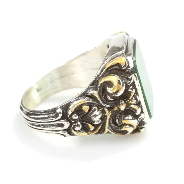 925 Ayar Gümüş Dikdörtgen Yeşil Zümrüt Taşlı Sütun Başı Kalemkar Erkek Yüzüğü - 3