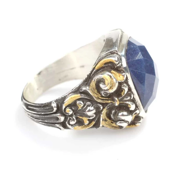 925 Ayar Gümüş Dikdörtgen Fasetli Safir Taşlı Sütun Başı Kalemkar Erkek Yüzüğü - 3