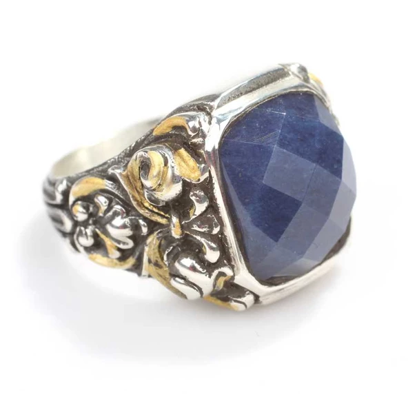 925 Ayar Gümüş Dikdörtgen Fasetli Safir Taşlı Sütun Başı Kalemkar Erkek Yüzüğü - 2