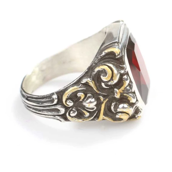 925 Ayar Gümüş Dikdörtgen Fasetli Kırmızı Yakut Taşlı Sütun Başı Kalemkar Erkek Yüzüğü - 3
