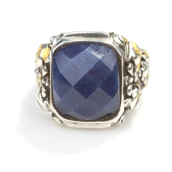 925 Ayar Gümüş Dikdörtgen Fasetli Safir Taşlı Sütun Başı Kalemkar Erkek Yüzüğü - 4