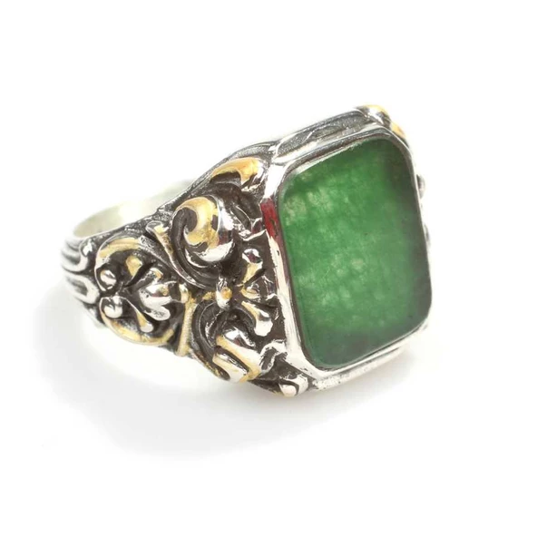 925 Ayar Gümüş Dikdörtgen Yeşil Zümrüt Taşlı Sütun Başı Kalemkar Erkek Yüzüğü - 2